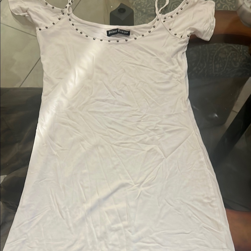 Silver Dagger White Rhinestone Studded Tshirt Dress